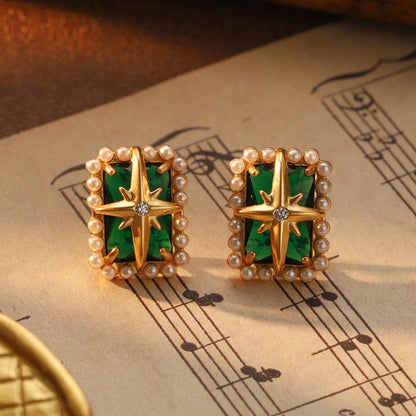 Vintage Emerald Pearl Starburst Earrings – Elegant Gold Studs with Pearls and Green Gemstone lavixi shop new collection 2024 2025 trends