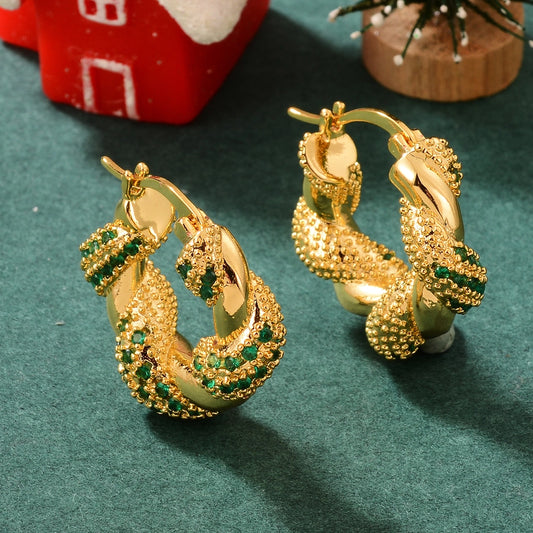 Golden Twist Hoop Earrings – Elegant Gold and Green Gemstone Accents lavixi store shop Christmas gift 2024 2025 new trends fashion