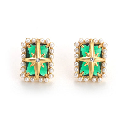 Vintage Emerald Pearl Starburst Earrings – Elegant Gold Studs with Pearls and Green Gemstone lavixi shop new collection 2024 2025 trends