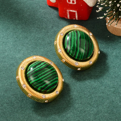 Vintage-Inspired Green Striped Earrings with Gold and Crystal Detailing lavixi new collection 2024 2025 trends 18k gold plating