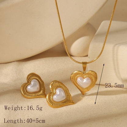 Golden Heart Pearl Bracelet, Necklace & Earrings Set