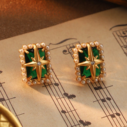 Vintage Emerald Pearl Starburst Earrings – Elegant Gold Studs with Pearls and Green Gemstone lavixi shop new collection 2024 2025 trends