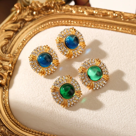 Timeless Emerald or Sapphire Stud Earrings with Sparkling Crystal Accents and Gold Detailing lavixi vintage new collection 2024 2025