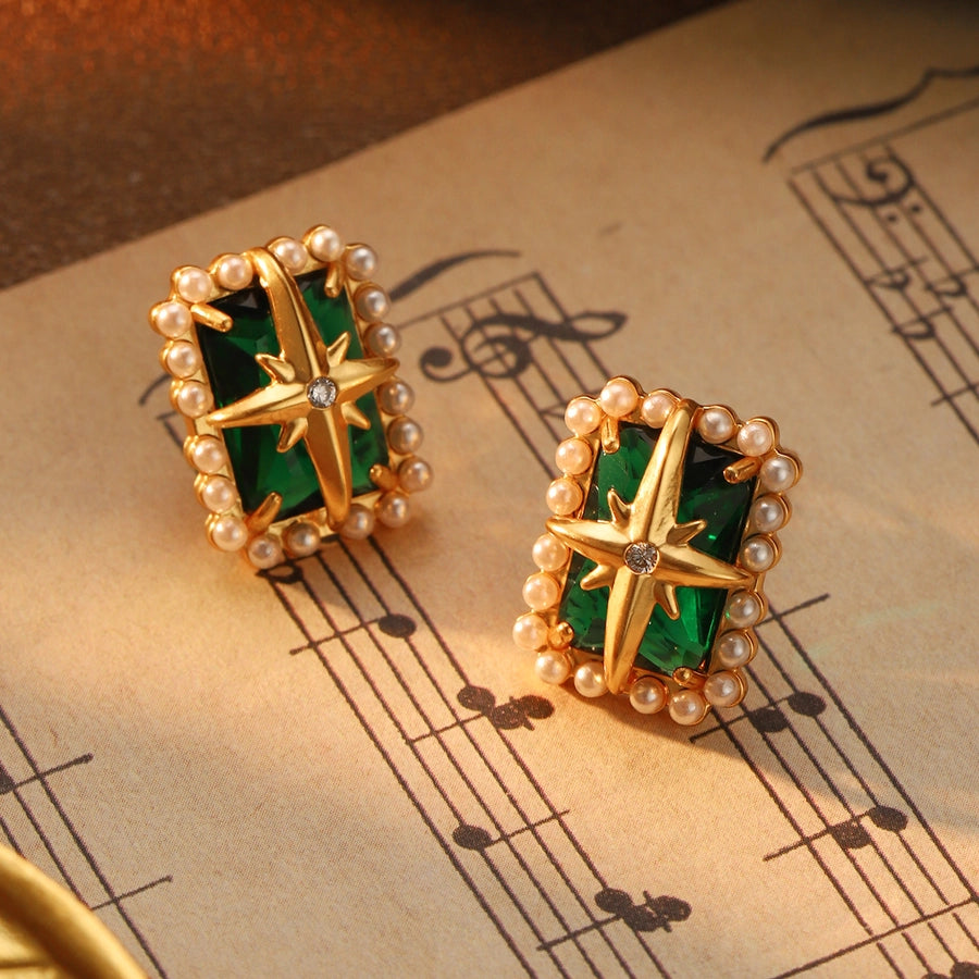 Vintage Emerald Pearl Starburst Earrings – Elegant Gold Studs with Pearls and Green Gemstone lavixi shop new collection 2024 2025 trends