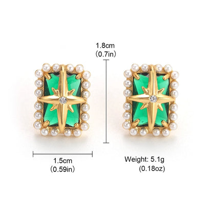 Vintage Emerald Pearl Starburst Earrings – Elegant Gold Studs with Pearls and Green Gemstone lavixi shop new collection 2024 2025 trends